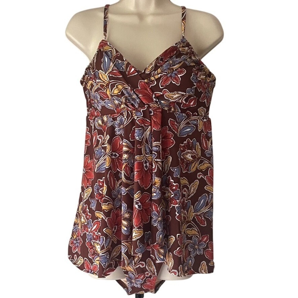 Garnet Hill‎ Vermillion Floral Ruched Overlay One Piece Swimsuit 12